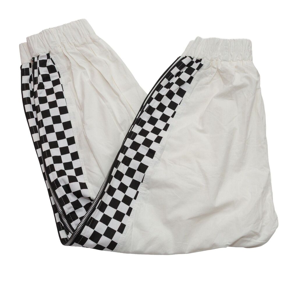 12th Tribe  S/M Tall Women's White Black Checkered Side Zip Track‎ Joggers